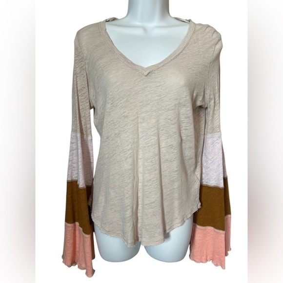 We The Free Women Bell Sleeve Linen Colorblock Top Size S Tan V-neck Beachy Boho - Picture 3 of 13